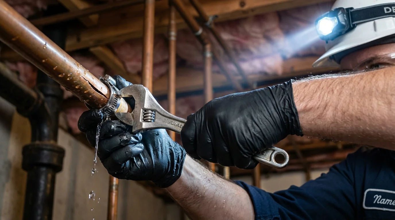 Emergency pipe clamp repair being performed by a Johns Plumbing LLC plumber in Lapwai