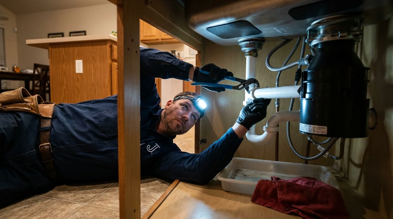 P-trap and supply line connections under a kitchen sink showing a common leak point in Lapwai, ID